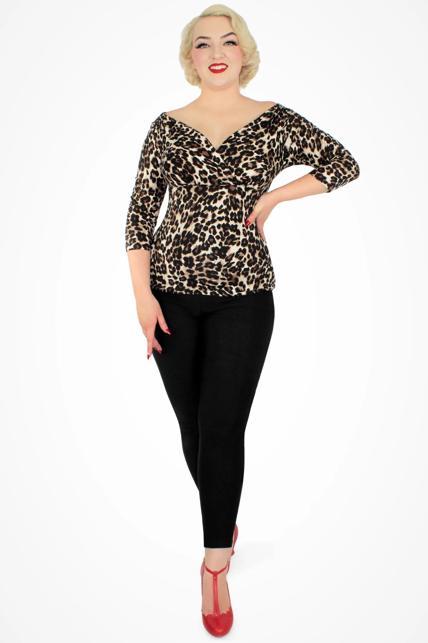 Leopard Three Quarter Sleeve Overlap Top XS-3XL #L34T